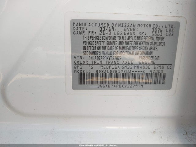 2019 Nissan Sentra Sv მანქანა იყიდება აუქციონზე, vin: 3N1AB7AP0KY327979, აუქციონის ნომერი: 43190616