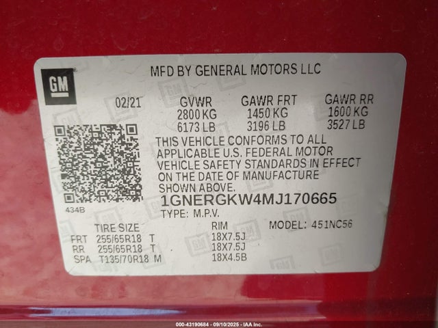 2021 Chevrolet Traverse Fwd Lt Cloth მანქანა იყიდება აუქციონზე, vin: 1GNERGKW4MJ170665, აუქციონის ნომერი: 43190684