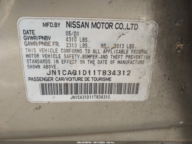 43190784 :رقم المزاد ، JN1CA31D11T834312 vin ، 2001 Nissan Maxima Se مزاد بيع