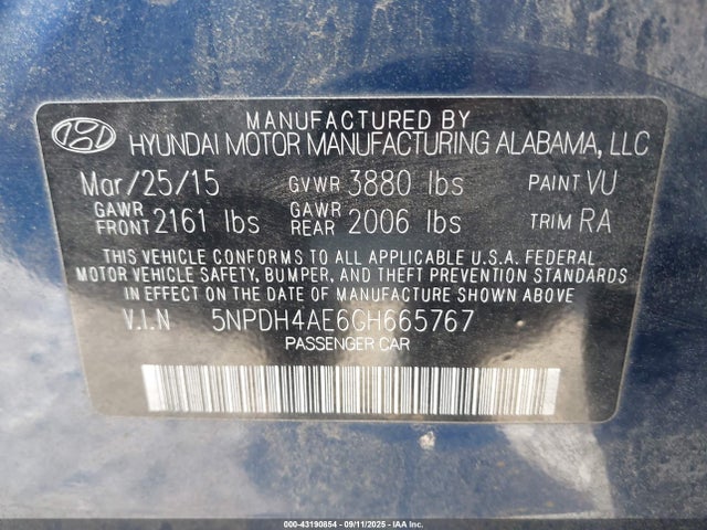 Hyundai dohc mpi nu 2016 5NPDH4AE6GH665767 Image 9