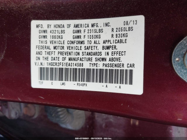 Honda k24w1 2014 1HGCR2F51EA014588 Image 9