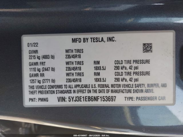 2022 TESLA MODEL 3 5YJ3E1EB6NF153697 Photo 8