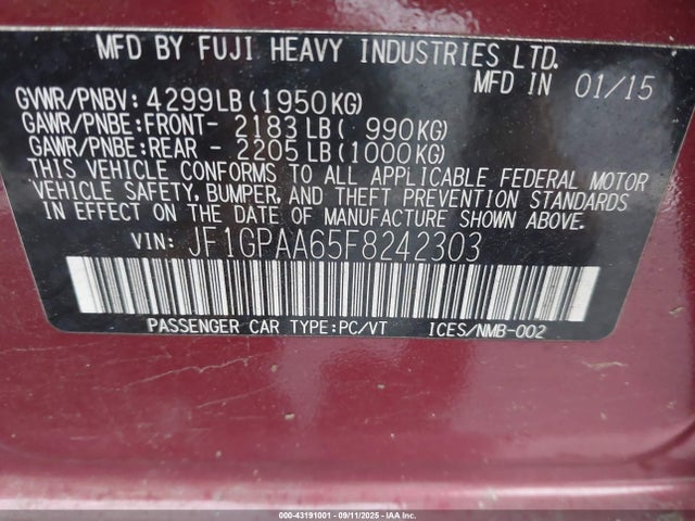 Продажа на аукционе авто 2015 Subaru Impreza 2.0i, vin: JF1GPAA65F8242303, номер лота: 43191001