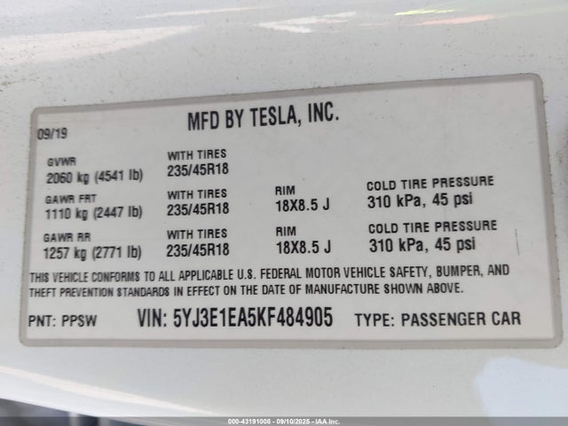 2019 TESLA MODEL 3 5YJ3E1EA5KF484905 Photo 8