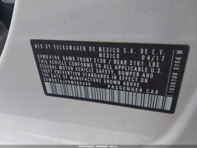 Aukcja sprzedaży 2017 Volkswagen Jetta 1.4t Se, vin: 3VWDB7AJ6HM369446, numer aukcji: 43191025