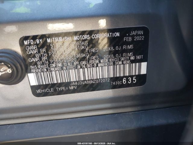 2022 MITSUBISHI OUTLANDER JA4J3VA86NZ072072 Photo 8