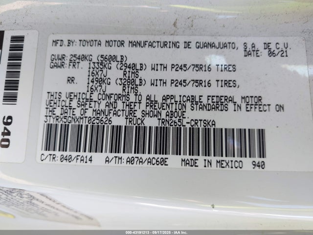 3TYRX5GNXMT025626 Toyota 2tr-fe