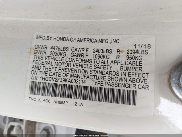 Honda k20c4 2019 1HGCV2F39KA002114 Image 9