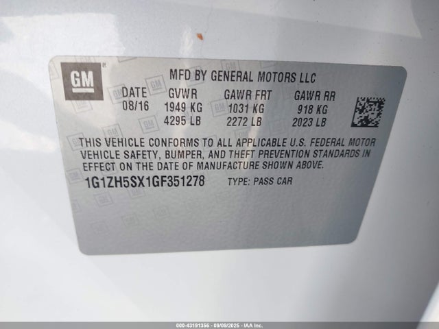 1G1ZH5SX1GF351278 Chevrolet ltg - sidi, alum dohc, vvt, dcvcp turbo, e0-e100, alum