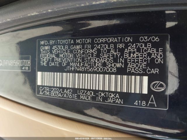 2006 LEXUS SC 430 JTHFN48Y569007008 Photo 8