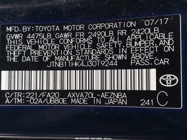 JTNB11HK4J3019244 Toyota a25a-fks
