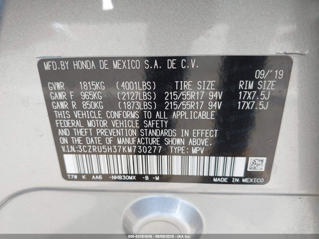 3CZRU5H37KM730277 Honda r18z9
