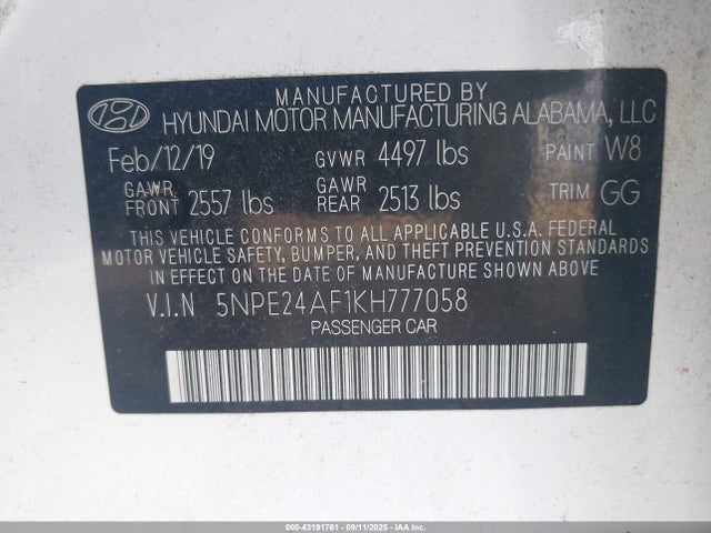 5NPE24AF1KH777058 Hyundai gdi theta-ii
