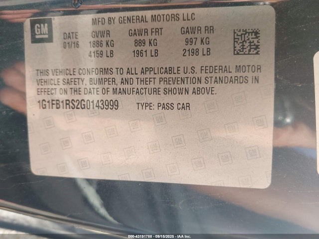 Продажа на аукционе авто 2016 Chevrolet Camaro 1lt, vin: 1G1FB1RS2G0143999, номер лота: 43191788
