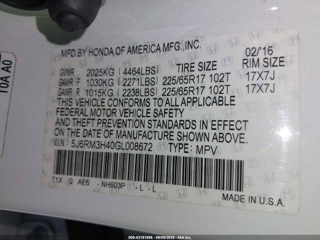 5J6RM3H40GL008672 Honda k24w9