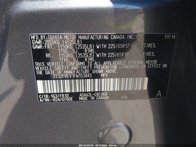 2T3ZFREV1FW153845 Toyota 2ar-fe