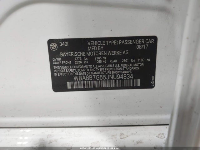 Aukcja sprzedaży 2018 Bmw 340i Xdrive, vin: WBA8B7G55JNU94834, numer aukcji: 43192152