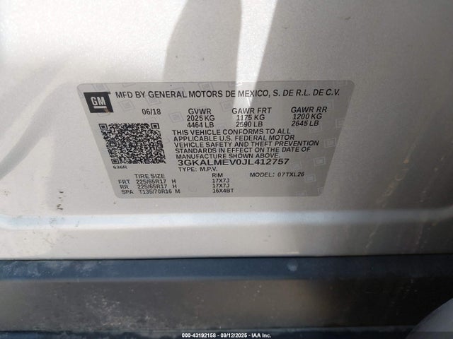 Aukcja sprzedaży 2018 Gmc Terrain Sle, vin: 3GKALMEV0JL412757, numer aukcji: 43192158