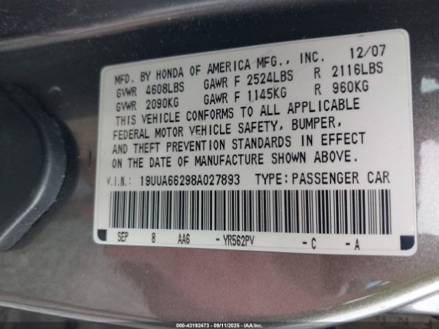 2008 ACURA TL 19UUA66298A027893 Photo 8