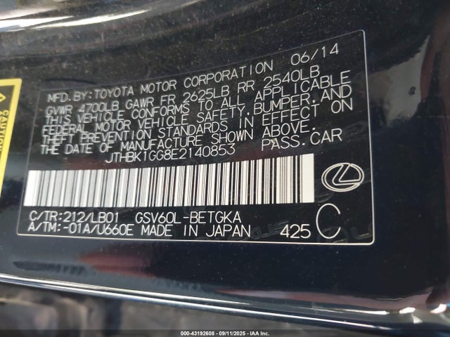 Lexus 2gr-fe 2014 JTHBK1GG8E2140853 Image 9