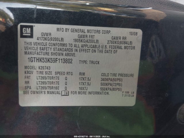 43192710 :رقم المزاد ، 1GTHK53K59F113802 vin ، 2009 Gmc Sierra 2500hd Sle مزاد بيع