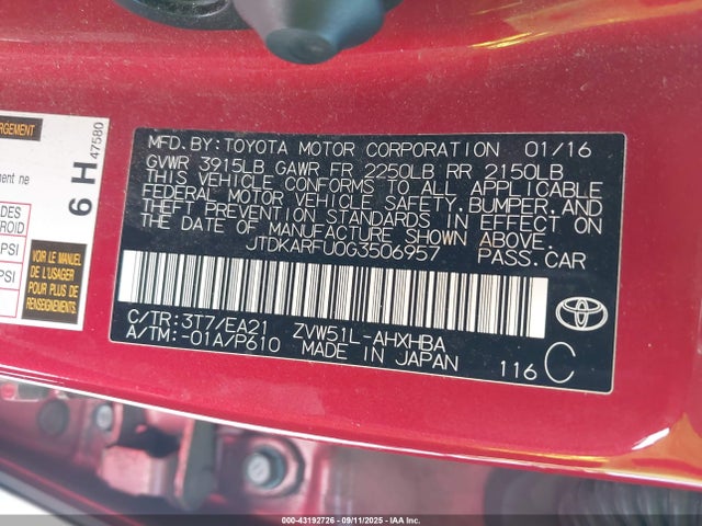 JTDKARFU0G3506957 Toyota 2zr-fxe,1nm