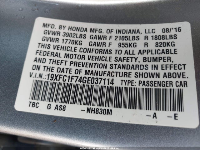 19XFC1F74GE037114 Honda l15b7
