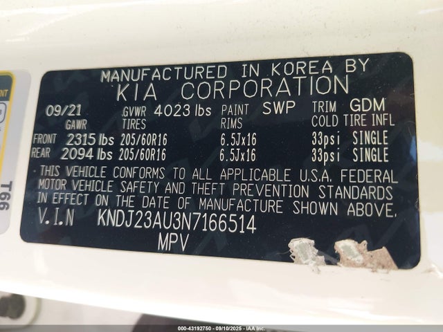 Aukcja sprzedaży 2022 Kia Soul Lx, vin: KNDJ23AU3N7166514, numer aukcji: 43192750