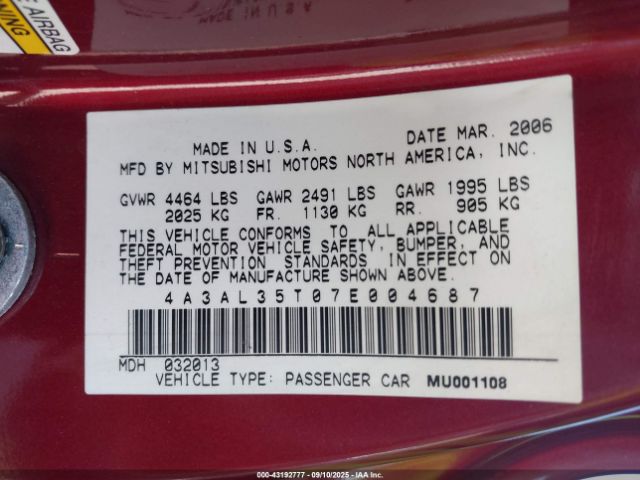 2007 MITSUBISHI ECLIPSE SPYDER 4A3AL35T07E004687 Photo 8