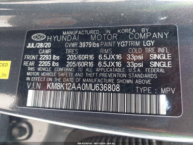 KM8K12AA0MU636808 Hyundai mpi nu
