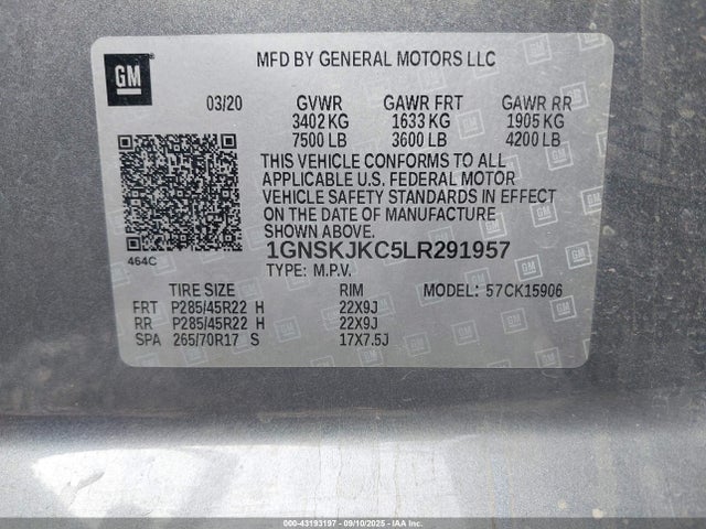 1GNSKJKC5LR291957 Chevrolet l83 - sidi: spark ignited direct injection, vvt: variable valve timing, afm, e85 max, alum