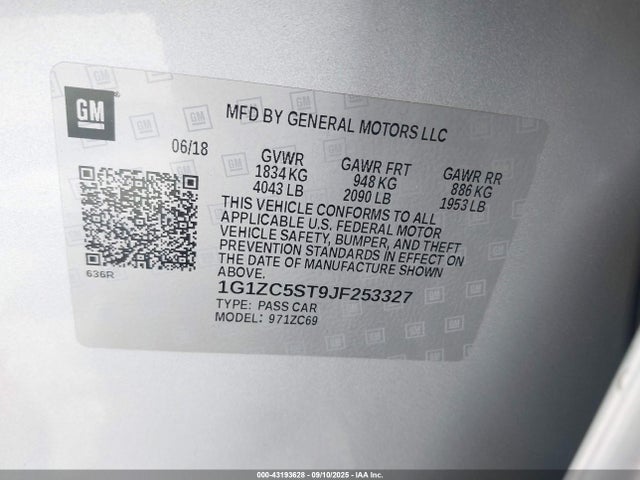 1G1ZC5ST9JF253327 Chevrolet lfv - direct injection, variable valve timing, gen 1