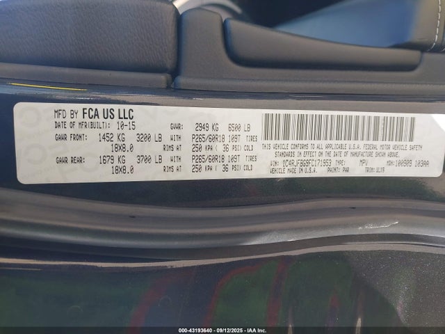 Продаж на аукціоні авто 2015 Jeep Grand Cherokee Limited, vin: 1C4RJFBG9FC171953, номер лоту: 43193640