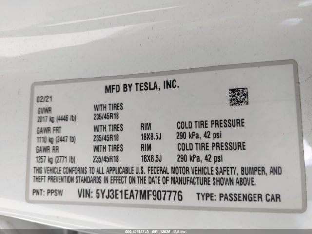 2021 TESLA MODEL 3 5YJ3E1EA7MF907776 Photo 8