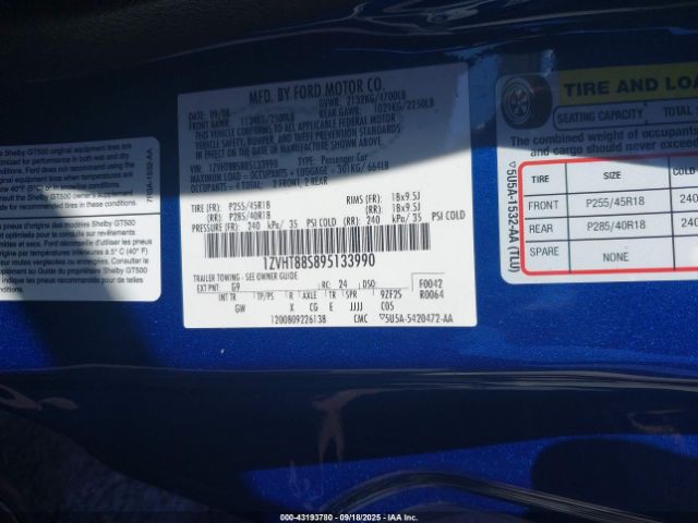 2009 FORD SHELBY GT500 1ZVHT88S895133990 Photo 8