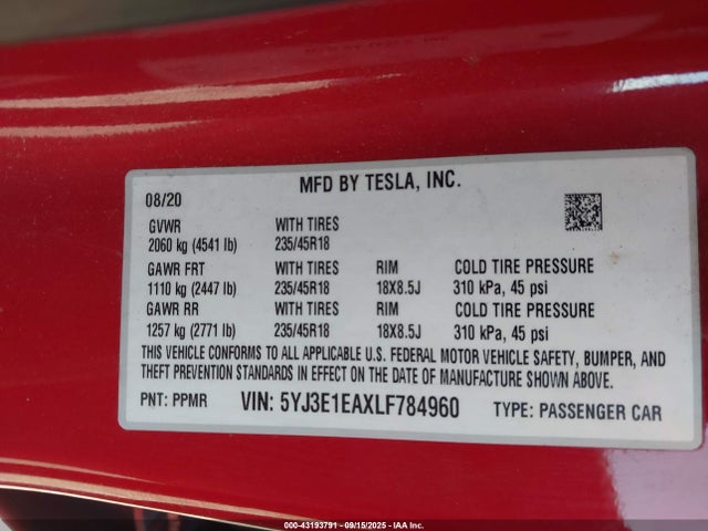2020 TESLA MODEL 3 5YJ3E1EAXLF784960 Photo 8