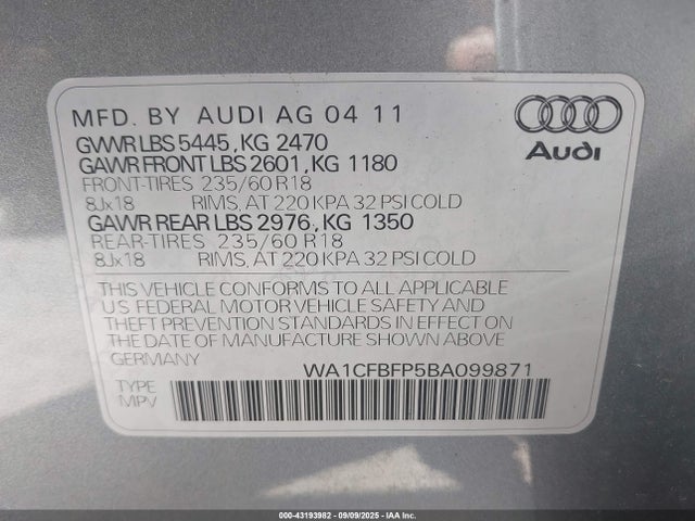 Aukcja sprzedaży 2011 Audi Q5 2.0t Premium, vin: WA1CFBFP5BA099871, numer aukcji: 43193982