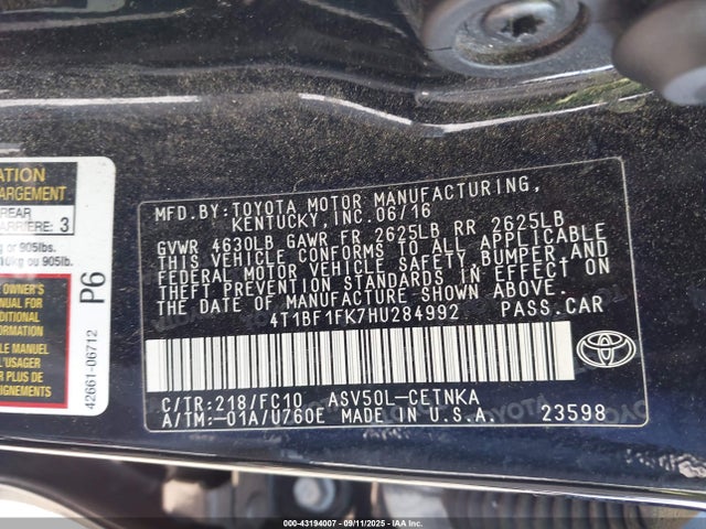 Toyota 2ar-fe 2017 4T1BF1FK7HU284992 Image 9
