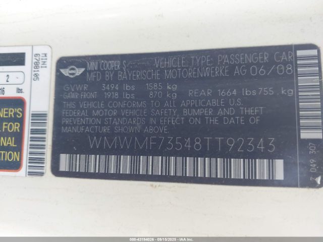 2008 MINI COOPER S WMWMF73548TT92343 Photo 8