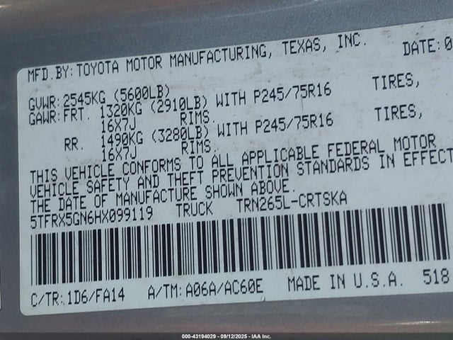 5TFRX5GN6HX099119 Toyota 2tr-fe