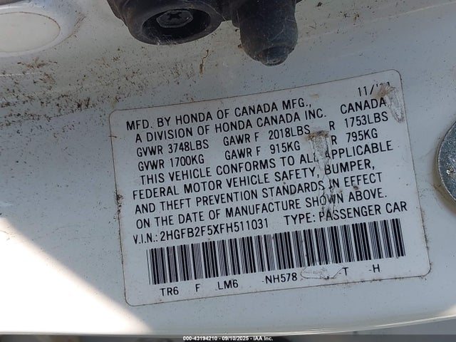 2HGFB2F5XFH511031 Honda r18z1