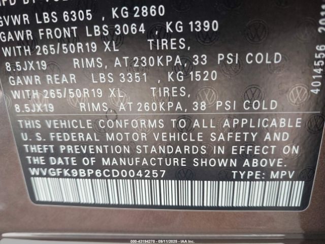 2012 VOLKSWAGEN TOUAREG WVGFK9BP6CD004257 Photo 8