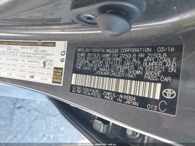 JTDKARFU9G3011947 Toyota 2zr-fxe,1nm