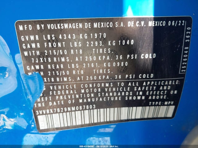Volkswagen tsi 2022 3VVRX7B29NM087803 Image 9