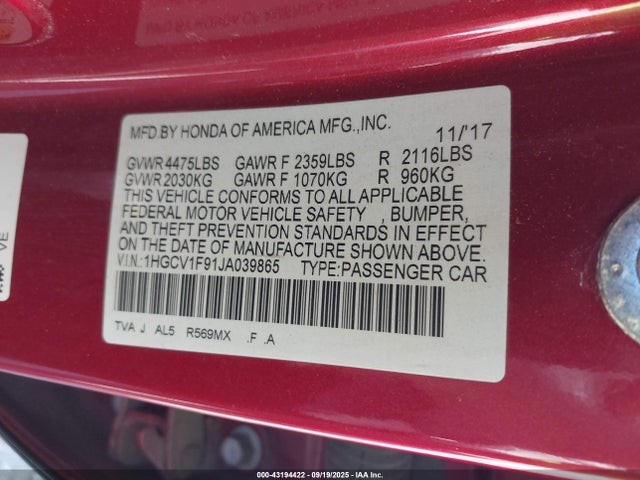 1HGCV1F91JA039865 Honda l15be