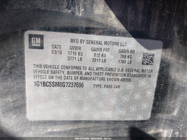 1G1BC5SM8G7237696 Chevrolet le2 - di: direct injection, alum, vvt, gen i, gmna