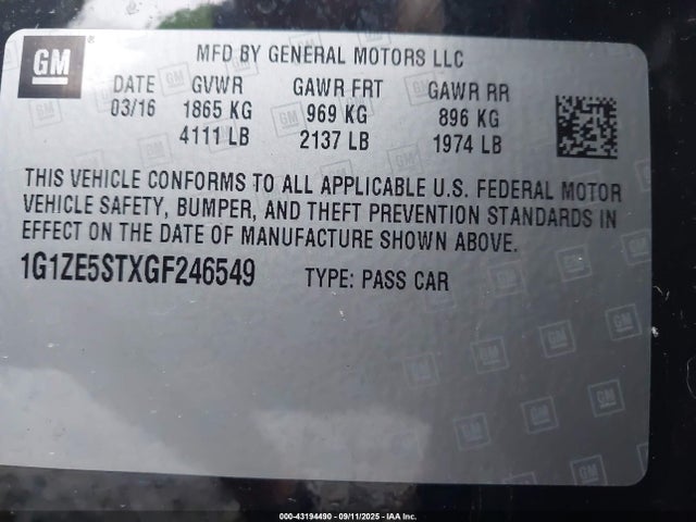 1G1ZE5STXGF246549 Chevrolet lfv - di: direct injection, vvt, gen1 gmna
