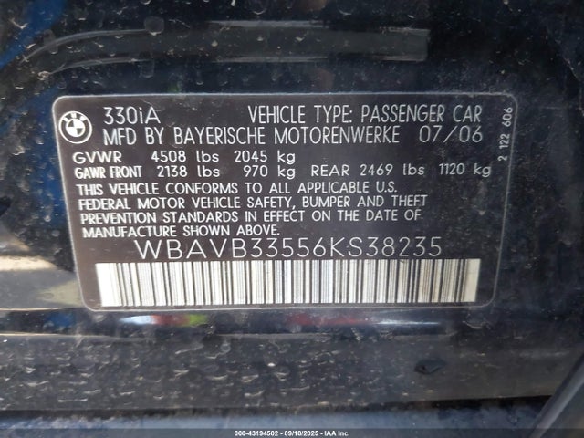 43194502 :رقم المزاد ، WBAVB33556KS38235 vin ، 2006 Bmw 330i مزاد بيع