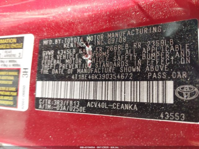 2009 TOYOTA CAMRY 4T1BE46K39U354672 Photo 8