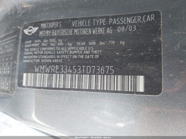 2003 MINI COOPER S WMWRE33453TD73675 Photo 8